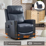 Genuine Leather Swivel Rocker Recliner Chair for Adults, Manual Glider Rocking Chair for Nursery with Vibration Massage & Lumbar Heat, Rivet Design Single Sofa for Living Room, Blue