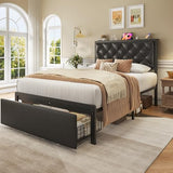 Fluest Twin Bed Frame with Storage Drawer, Upholstered Headboard Button Tufted Bed Frame with Charging Station, No Box Spring Needed, Noise-Free, All Metal Structure, Black Fluest