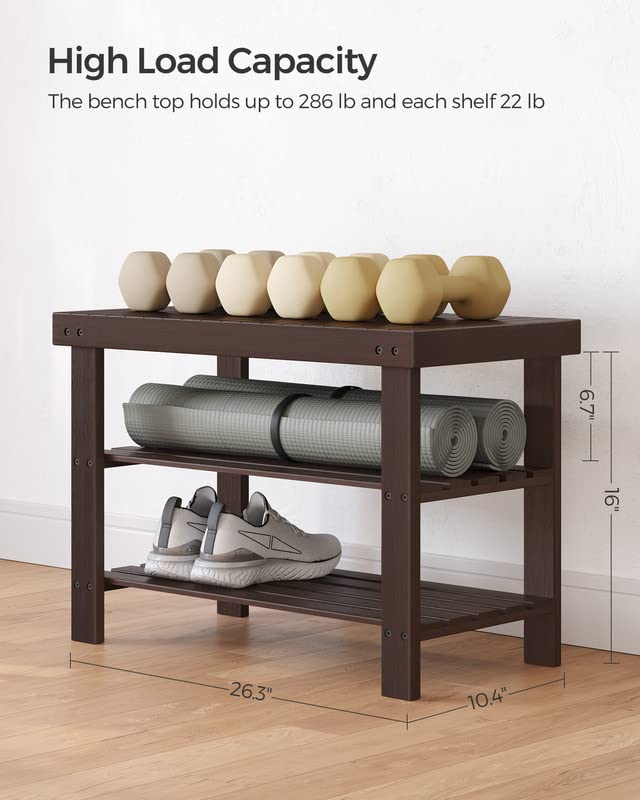 SONGMICS Shoe Rack Bench, 3-Tier Bamboo Shoe Storage Organizer, Entryway Bench, Holds Up to 286 lb, 11.3 x 27.6 x 17.8 Inches, for Entryway Bathroom Bedroom, Brown ULBS04Z SONGMICS