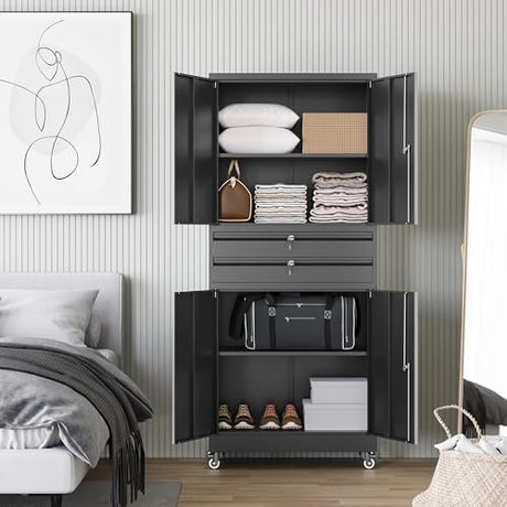 Letaya Metal Garage Storage Cabinet with Wheels,Rolling Tool Cabinet with 4 Door Lock-Adjustable Shelves and 2 Drawer for Garage Home Office Utility Room (Black with Wheels) Letaya