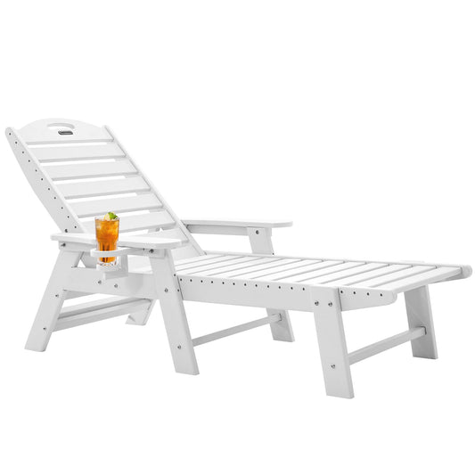 Chaise Lounge for Outdoor, Patio Lounge Chairs for Outside, Chaise Lounge Chair with 6 Positions, HDPE Lounge Chair with Cup Holder for Pool Poolside Deck Backyard Lawn,White