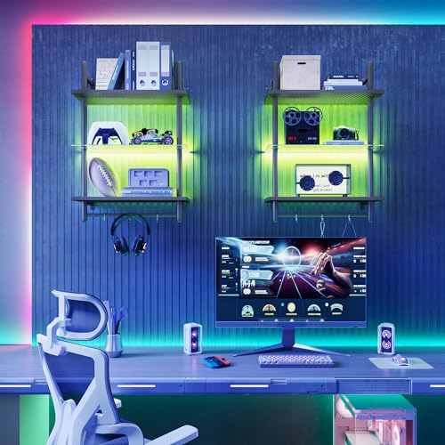 Bestier Gaming Floating Shelves, 24 inch LED Wall Mounted Shelves with Towel Bar, Coffee Bar Shelves with Glass Shelf & 8 Hooks, 3 Tier Hanging Display Rack for Wall Decor, Black Carbon Fiber Bestier