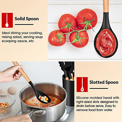 E-far Cooking Utensils Set of 6, Silicone Kitchen Utensils with Wooden Handle, Non-stick Cookware Friendly & Heat Resistant, Includes Spatula/Ladle/Slotted Turner/Serving Spoon/Spaghetti Serv - WoodArtSupply