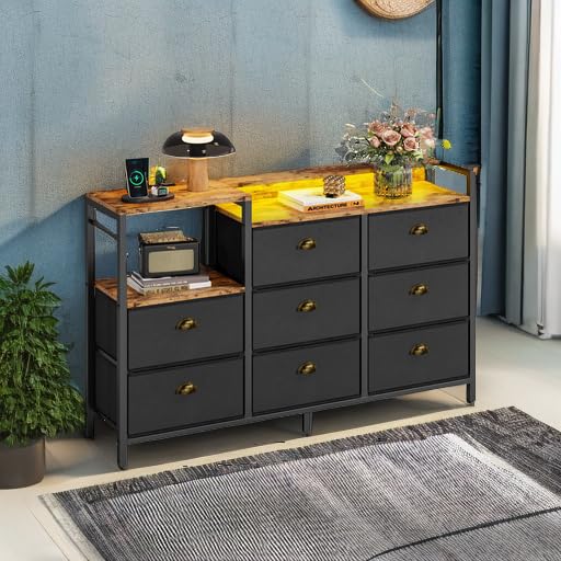 IRONCK Dresser with Power Outlets and LED Lights, 8 PU Leather Drawers Dresser with Charging Station, Wide Chests of Drawers for Closet, Bedroom, Hallway, Vintage Brown Black IRONCK