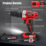 Cordless Drill Set, 20V Power Drill Kit with 2 X 2.0AH Battery, 44pcs Drill/Driver Bits, 1 Box Screws, Bubble Level, 3/8'' Chuck Electric Drill, 32NM, 21+3 Position, 2 Variable Speed KITLUCK