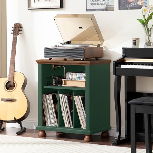 Joaxswe Record Player Stand with Vinyl Record Storage, 24" Wide Mid-Century Record Player Table Up to 200 Albums,Large Wood Turntable Stand Cabinet Dispaly Shelf for Living Room,Bedroom,Green Joaxswe