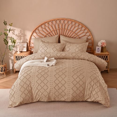Manyshofu 5Pcs Boho Queen Duvet Cover Set - Tufted Taupe Duvet Cover Pattern, Shabby Chic Boho Bedding Set Textured Comforter Covers with Embroidery Pillow Shams Manyshofu