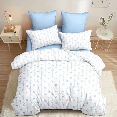 Bildenly Comforter Set Full Size White - Blue Bow Quilt Bedding Set 3 Pieces, Comforter Set Full, Soft & Lightweight Comforter(79‘’ x 90‘’) for Girl All Season & 2 Pillow Cases(30‘’x20‘’) Bildenly