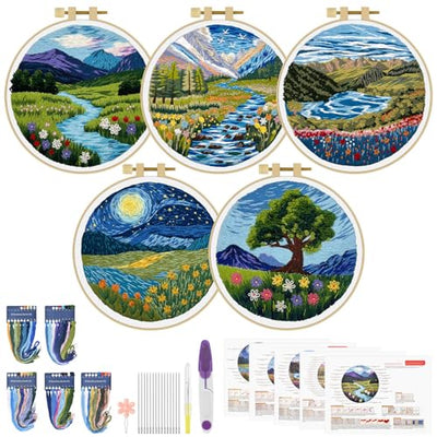 ERKOON 5 Sets Embroidery Kit for Beginners, Butterfly Cross Stitch Set for Include Embroidery Cloth Hoops Threads for Craft Lover Hand Stitch (Landscapes)