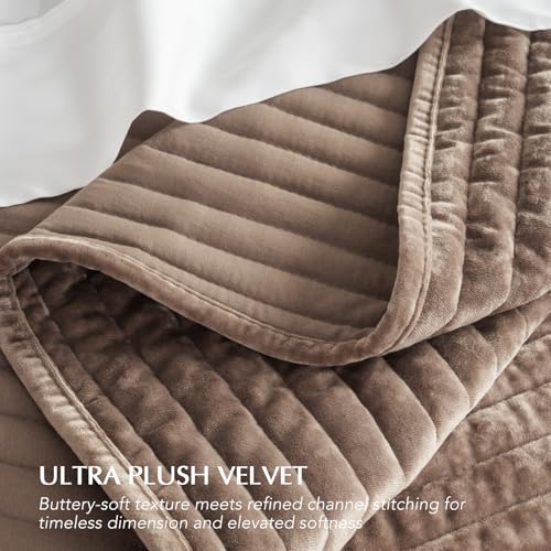 EVERGRACE Velvet Quilt Set Queen Size, Luxurious Soft Striped Channel Bedding Set, Lightweight Velvet Comforter for All Season, Oversized Bedspread Coverlet with 2 Matching Shams, Mocha Brown EVERGRACEHOME