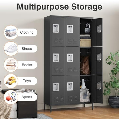 Letaya Metal Lockers for Employees-9 Door Storage Locker with Shelves and Lockable Steel Cabinet for School,Gym,Office,Staff(Black, 9 Door) Letaya