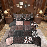 Brown Leopard Print 7 Pieces Bedding Set Queen Size,Animal Skin Texture Bed in a Bag,Patchwork Geometric Bed Set Includes Comforter,Sheet Set,Pillowcases & Pillow Covers,Farmhouse Bedroom Decor Erosebridal