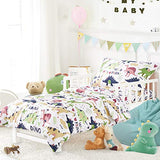 Joyreap 4 Piece Toddler Bedding Set, Dinosaur Theme Printed on White, Standard Size Includes Quilted Comforter, Fitted Sheet, Top Sheet, and Pillow Case for Boys n Girls Joyreap