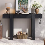 Aiuyesuo Rustic Minimalist Console Table with Hidden Drawer, Wood Entryway Table with Side Power Outlet for Entryway, Living Room and Home Office (Black-X210) Aiuyesuo