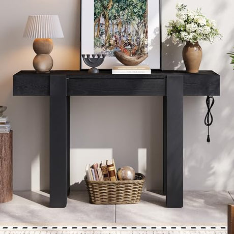 Aiuyesuo Rustic Minimalist Console Table with Hidden Drawer, Wood Entryway Table with Side Power Outlet for Entryway, Living Room and Home Office (Black-X210) Aiuyesuo
