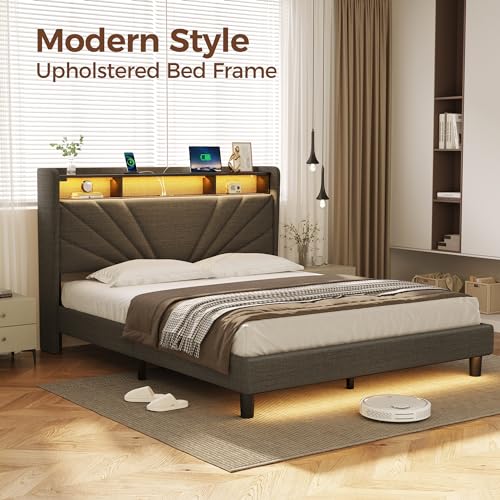 Rolanstar Queen Size Bed Frame, Storage Headboard with Charging Station and LED Lights, Upholstered Bed with Heavy Duty Wood Slats, No Box Spring Needed, Noise Free, Easy Assembly, Dark Grey Rolanstar