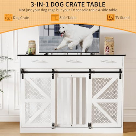 kepptory 48 Inch Large Dog Crate Furniture with 3 Storage Drawers, Wooden Pet Kennel with Removable Divider, Dog Kennel End Table TV Stand, Farmhouse Style Dog Crates with Sliding Barn Door (White) kepptory