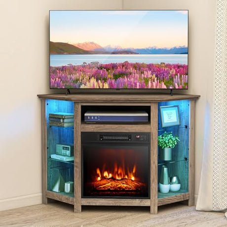 COSTWAY Fireplace Corner TV Stand for TVs Up to 50 Inches, Modern Electric Fireplace Entertainment Center with 16-Color LED Lights, 4 Modes, Adjustable Shelves, Remote Control, Smart APP Control, Grey COSTWAY