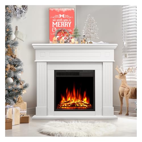 44" Corner Electric Fireplace with Mantel Package Freestanding Fireplace Heater Corner Firebox with Log & Remote Control,750-1500W,White Xbeauty