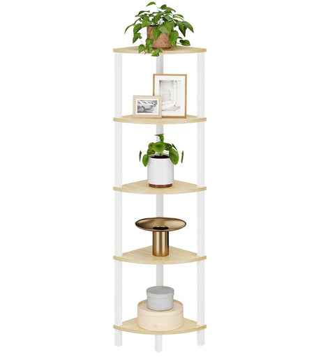 VIMBER 5-Tier Rustic Corner Bookshelf with Industrial Ladder Design in White and Nature Wood VIMBER
