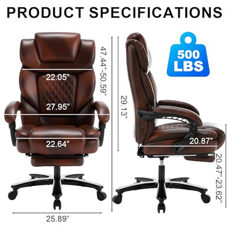 Comermax Heavy Duty Leather Office Chair with Footrest, Wide Seat Big Tall Reclining Office Desk Chair for 500lbs Heavy People, Brown Comermax
