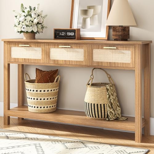 ELYKEN 51.2" Entryway Table with 3 Rattan Drawers, Boho Console Table Narrow with Storage, Long Sofa Table for Behind Couch Entry Hallway, Entrance, Living Room, Oak Brown ELYKEN