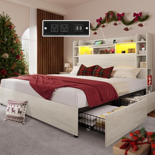 YITAHOME King Bed Frame with Bookcase Headboard and 4 Storage Drawers, RGB LED Light Bed with Type-C & USB Charging Station Storage Headboard Bed Frame, No Box Spring Needed, Noise Free, Antique White YITAHOME