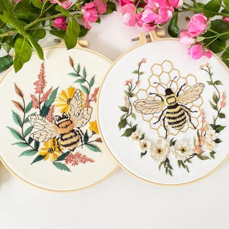 Myfelicity Embroidery kit for Adults, 3-Piece Bee and Butterfly Floral Designs, Including Tools Handmade Embroidery Hoop Art Set (Yellow) Myfelicity