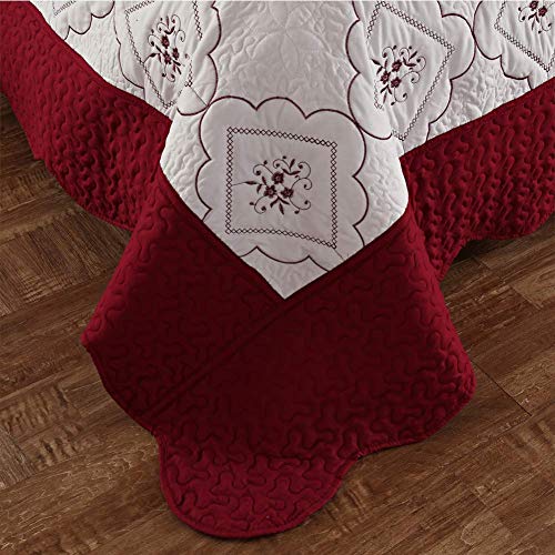 Oliven 3 Pcs Embroidered Quilt Full/Queen Size Floral Bedspread Soft Breathable Flower Coverlet Burgundy White Bed Cover Embroidered Bedding Christmas Bed Home Decor Oliven