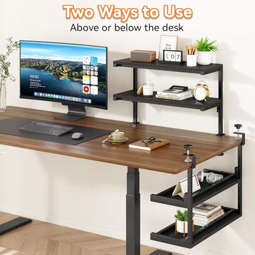 IBUYKE Clamp on Desk Shelf, 22.8” Large Desk Extender Shelves,Tool-Free Flexible Repositioning and Adjustable 2-Tier Storage Shelves for Desktop Accessories Below Desk TMZ010B IBUYKE