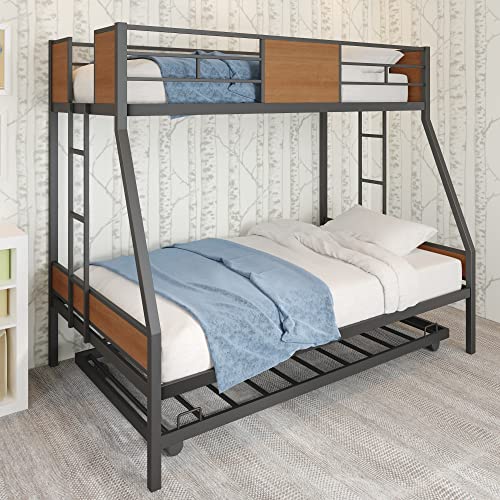 Olela Twin Over Full Bunk Beds with Trundle Bed, Heavy Duty Metal Frame with Safety Rails & 2 Side Ladders for 3 Sleepers, No Box Spring Needed for Kids, Teens, Guest Room, Max Capacity 850 Lbs Olela
