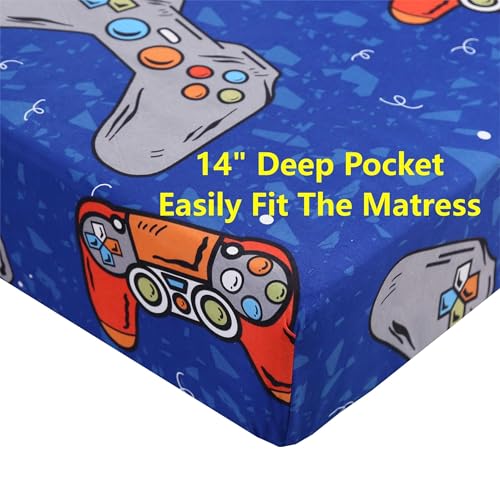 SDIII 4PCS Blue Gamer Sheets Set Queen, Soft Microfiber Gaming Bedding Sheet Queen Deep Pocket, Game Sheets for Boys Girls Kids Teens All Season SDIII