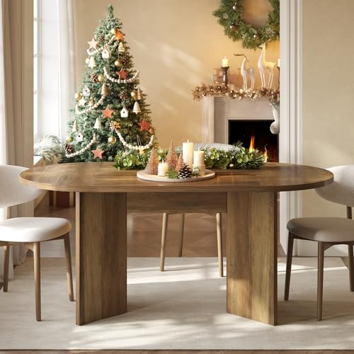 LITTLE TREE 63" Rustic Oval Dining Table for 2-4, Sturdy MDF Farmhouse Kitchen Table with Metal Strip Base, for Living Room, Office, Restaurant, Multi-Use, Umber LITTLE TREE