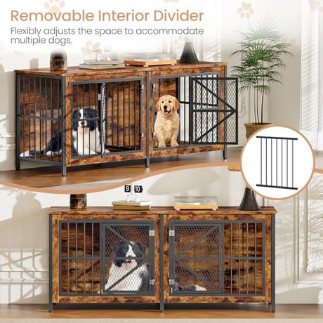 CHOEZON 71" Double Dog Crate Furniture for 2 Dogs, Wooden Dog Crate End Table, Dog Cage for Medium/Large Dogs, Heavy-Duty Dog Kennel Furniture with Framed Metal Doors, Rustic Brown and Black TGW02BF CHOEZON