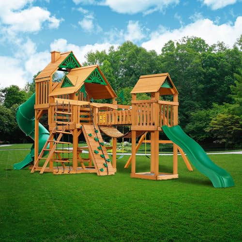 Gorilla Playsets 01-1021-AP Treasure Trove I Wood Swing Set with Wood Roof, Clatter Bridge, and Rock Wall, Amber