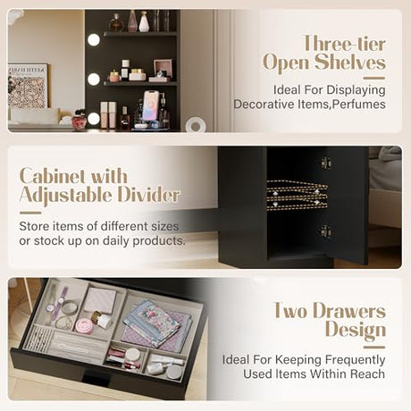 JUMMICO 35.4" Vanity Desk with LED Mirror & Power Outlet, Makeup Vanity Table with 3 Open Storage Shelves, Drawers and Cabinet, 3 Model Adjustable Lights for Bedroom & Dressing Room (Black) JUMMICO