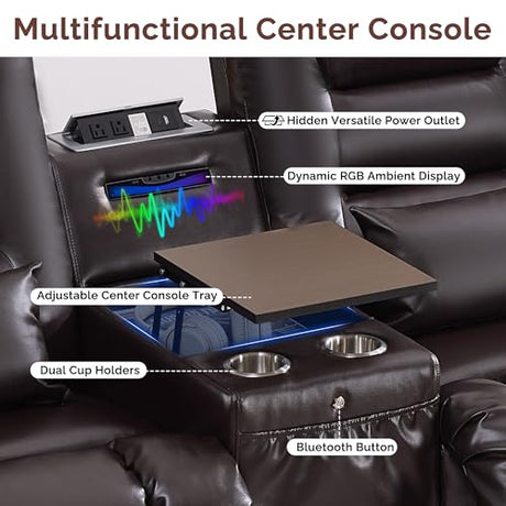 Loveseat Recliner Sofa, Power Reclining Loveseat Sofa Couches with Center Console, Bluetooth Speaker, LED Lights, Cup Holder, PU Leather Wall Hugger Recliners for Living Room, RV, Home Theater, Brown BIAOZHIKE