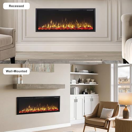 PRETZI 60" Electric Fireplace Ultra Narrow Aluminum Frame & Wide Screen, Electric Fireplace Inserts/Wall Mounted with Heater, Adjustable Flame Color and Brightness, Remote Control/Timer, 750/1500w PRETZI