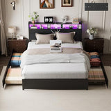 VINGLI Queen Platform Bed Frame with 4 Storage Drawers and Adjustable Headboard Shelf, Metal Bed with Charging Station and LED Lights, No Box Spring Needed, Noise Free, Easy Assembly, Black VINGLI