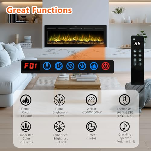 60" Infrared Smart Electric Fireplace Alexa/Google Compatible, Remote& App Control Multicolor Flame w/Dimmer, Wall-Mounted& Recessed WiFi Enabled Fireplace Heater w/Crackling Sound& Thermostat, 1500W Dreamflame