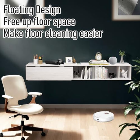Pmnianhua 70'' Floating Desk with Storage Shelves,Wall Mounted Desk Laptop Computer Writing Study Table for Bedroom Small Space(White) Pmnianhua