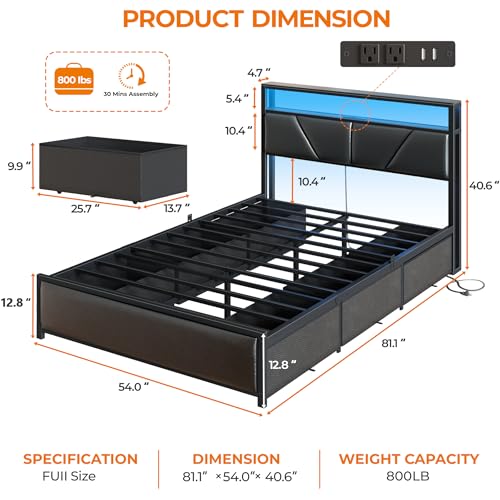 OURPIC Full Size Bed Frame, 2-Tier Storage Headboard & 6 Drawers, PU Leather Upholstered Platform Bed Frame Full with Charging Station and LED Lights, No Box Spring Needed, Noise Free OURPIC