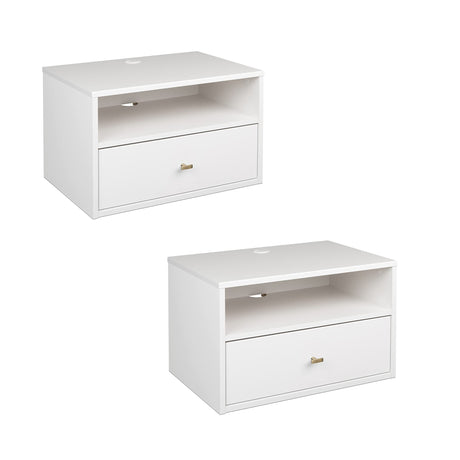 Prepac Set of 2 Floating Shelf Side Tables with Drawers and Brushed Brass Knobs, Modern Hanging Nightstands 15" D x 22.5" W x 14.5" H, White, WRBW-1402-2M Prepac