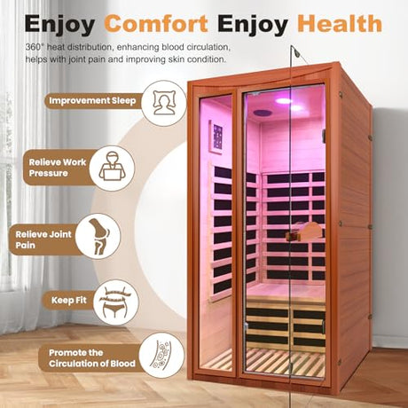 ToTibuy 1-2 Person Home Sauna Low EMF Far Infrared Sauna with Red Light Bluetooth Speakers Indoor Dry Sauna 1550W 110V 39.37"x35.43"x74.8" ToTibuy