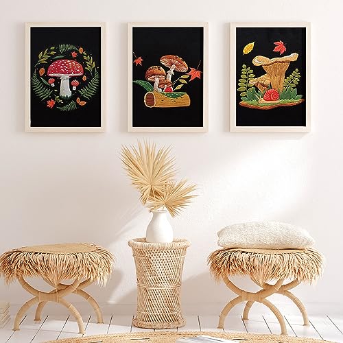 Crowye 5 Sets Mushroom Embroidery Kit Cross Stitch Kits for Beginners Cross Stitching Set for Adult DIY Stamped Starter Needlepoint with Thread Needle for Craft Lover