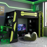 LUMISOL Twin Size Gaming Loft Bed with Desk, RGB LED Lights & Charging Stations, Wood Loft Bed Frame with Storage Bookshelves for Kids, Teens & Adults, Green + Black LUMISOL
