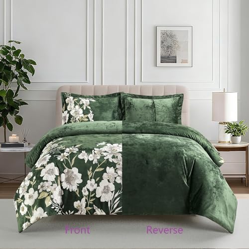 Sunshine Nicole Reversible Comforter Set, Printed Distressed Velvet Front and Sold Distressed Velvet Reverse, 3 Pieces Dark Green King, with Soft Polyester Fill Sunshine Nicole