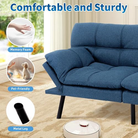 MUUEGM Futon Sofa Bed, 71" Convertible Linen Memory Foam Couch Bed, Modern Backrests Armrests Love Seat for Living Room,Apartment,Office,Blue Sleeper Couch MUUEGM