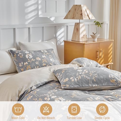 Lekesky Queen Duvet Cover Set, Gold Floral Duvet Cover Queen Size, 3 Pieces Grey Bedding Sets with Zipper, Ultra Soft Microfiber Reversible Queen Size Comforter Cover with 2 Pillowcases 20"x26" Lekesky