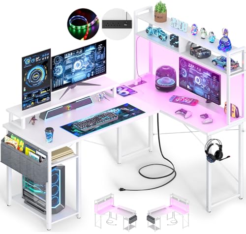Besiost Small L Shaped Desk Gaming Desk with Power Outlets, 48" Reversible L Shaped LED Computer Desk with Monitor Stand & Storage Shelf, Corner Gamer Desk Home Office Desk with Storage Bag, White Besiost
